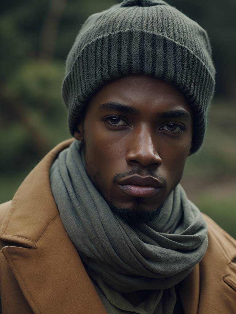 an african model wearing a brown beanie and a colorful scarf with "junk" written on it