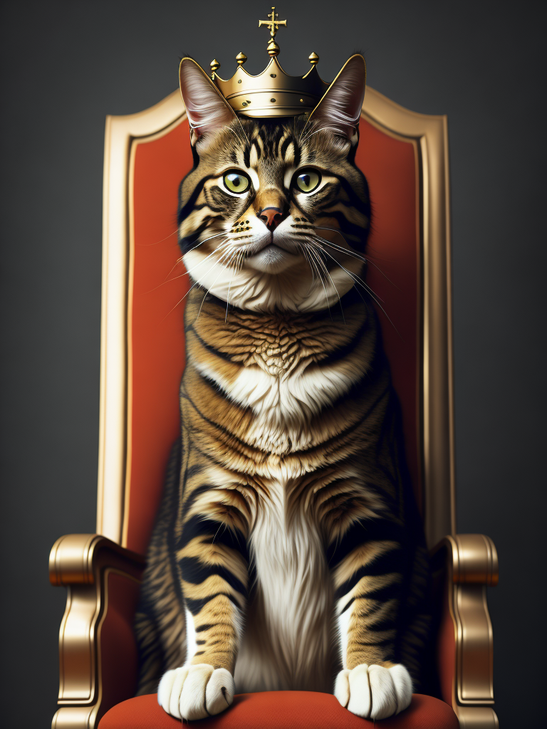 A portrait of cat as a king sitting on a throne, photorealistic, movie scene, super detailed, hyperrealistic, neutral background