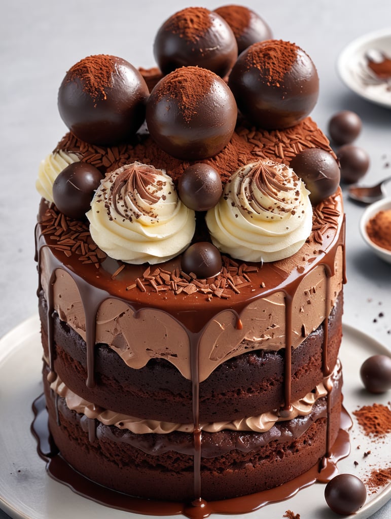 Small chocolate cake with truffle chocolate cream, with three small chocolate balls, sprinkled with cocoa powder, three layers, realism, delicious, appetizing, chocolate on a light background