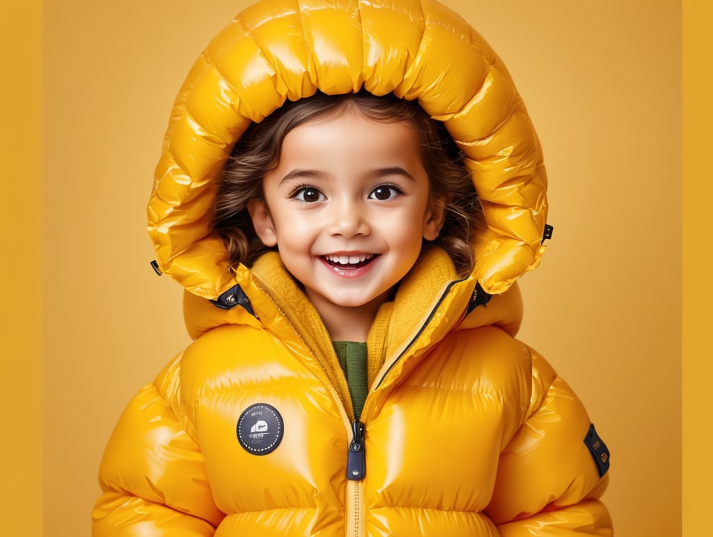 photo happy little girl going to travel, cute girl, dressed yellow inflatable puffer jacket, yellow background, harpers bizarre, cover, headshot, hyper realistic, vibrant colors