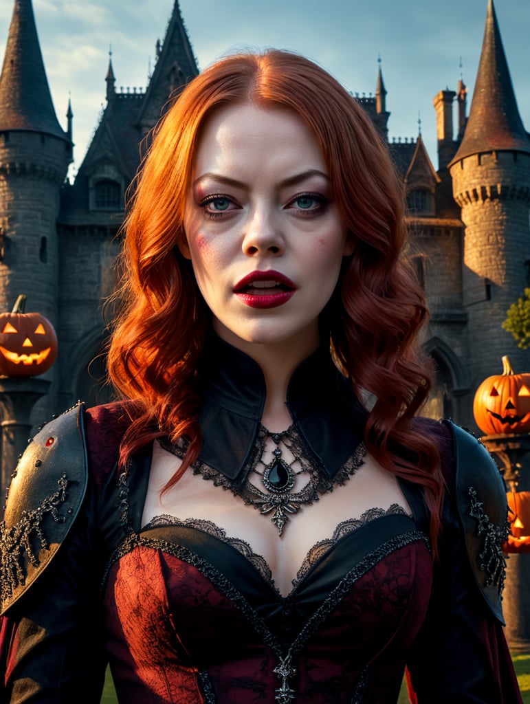 By Universal Pictures, chilling Halloween dusk, Emma Stone as a sinister, blood-soaked vampire countess, eerie gothic castle, surreal fright, Halloween charm, cinematic photography, action shoot, movement, epic, high definition