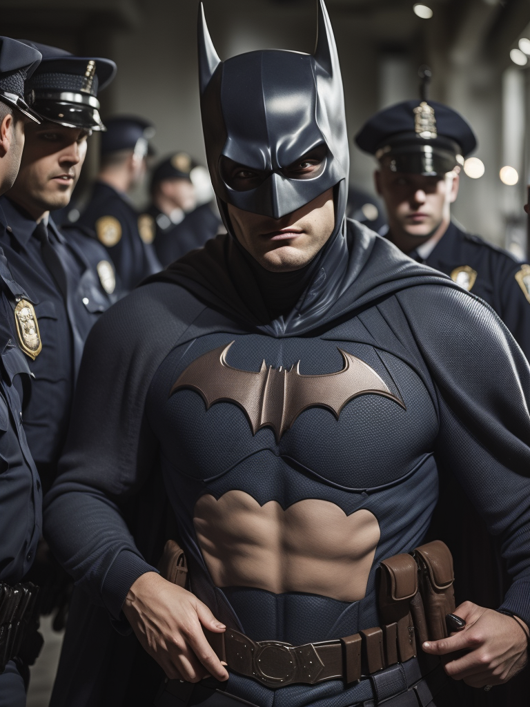 batman arrested by police in 1954, candid photo, in the style of weegee