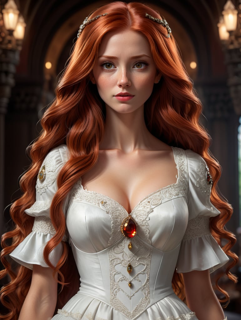 Straight long red haired woman cartoon with brown eyes and white dress with Disney face features