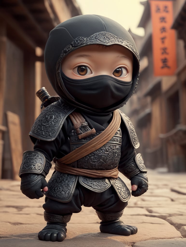 Tiny cute ninja toy, standing character, soft smooth lighting, soft pastel colors, Skottie Young style, 3D Blender render, polycount, modular constructivism, pop surrealism, physically based rendering, square image.