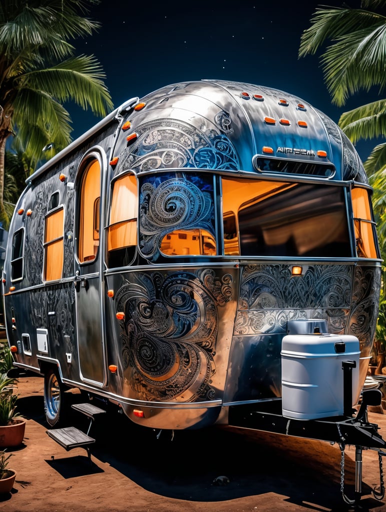 Airstream camping trailers, batik, intricate details, surreal, Alien, Cyberpunk Trashcore Style, s 1000
