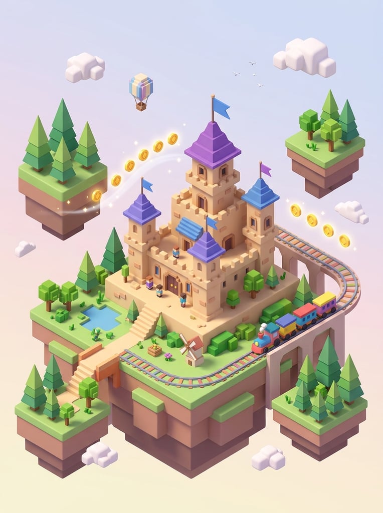 3D isometric blocky sand castle, purple and blue roofs, floating gold coins, geometric pine trees, floating terrain islands, miniature train tracks, soft matte textures, pastel color palette, playful cartoon rendering