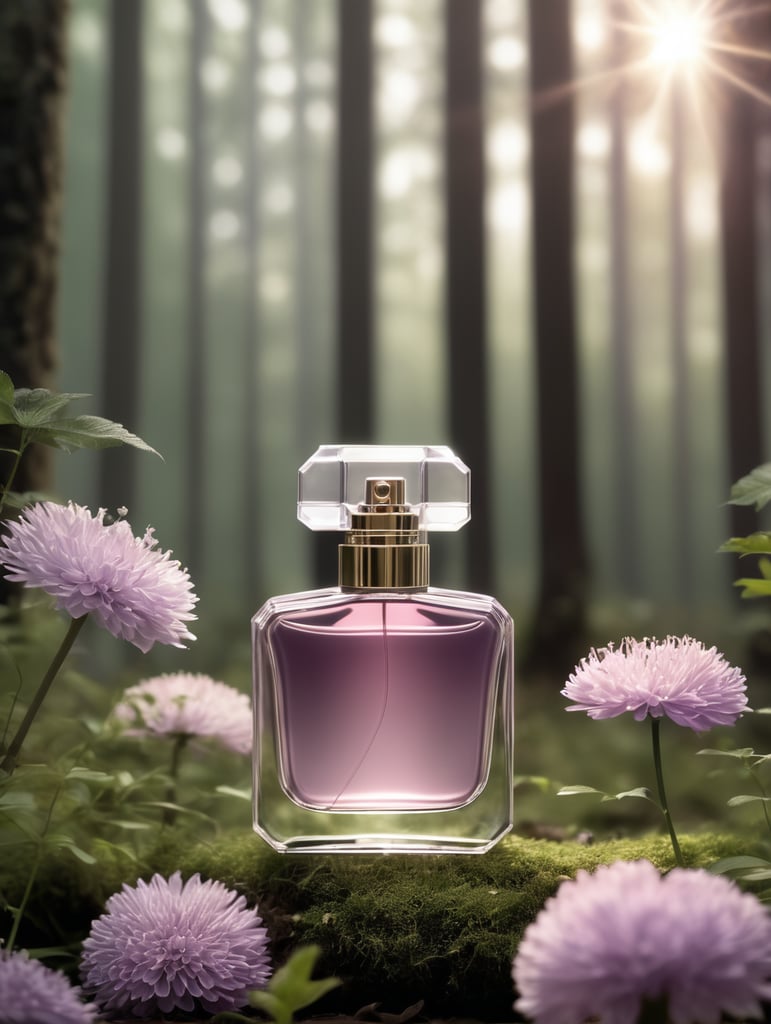 Perfume bottle with mauve color, sitting in a forest clearing with a few flowers around. Soft beams of light filter through the canopy