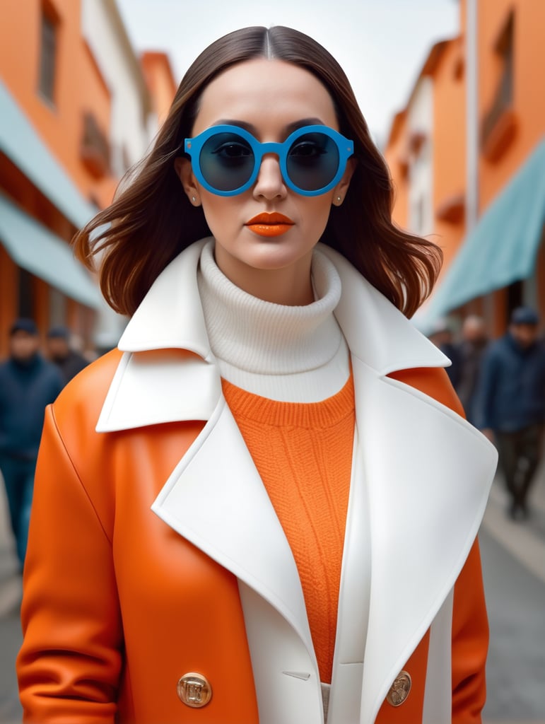 Front face half body photography, in a suburb, Pope Francis wearing a orange color sweater and wide open white coat and large sunglasses walking in the street, 360 degree view, art by sergio lopez, natalie shau, james jean and salvador dali