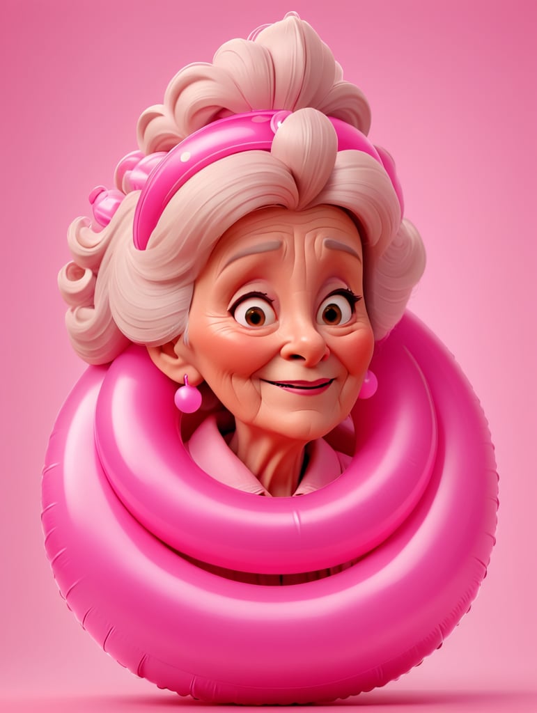 Pretty old women wearing a pink with a pink inflatable ring, isolated on a pink background