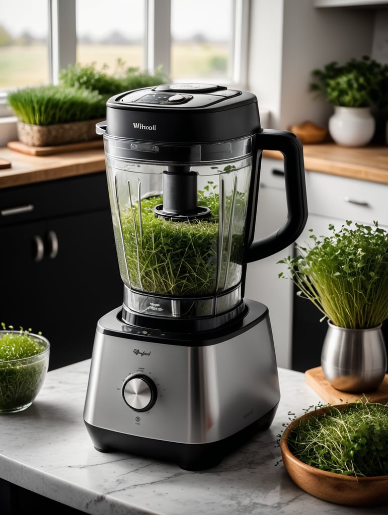 whirlpool blender with chopped up microgreens inside