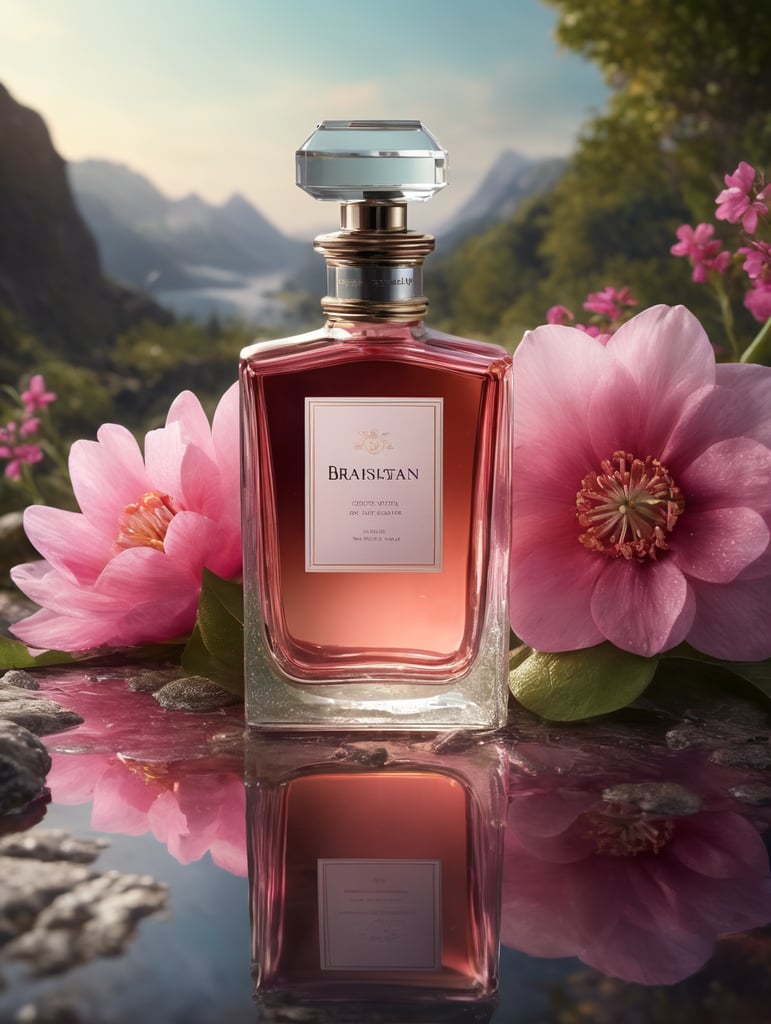 A bottle of perfume with pink flowers on the top, dreamlike atmosphere, bright,product view, luxury brands, mirror, careful design, surreal water, quiet pastoral scenes, Canon shooting, depth of field, focusing on perfume,soft focus,Render, best quality, 8K,