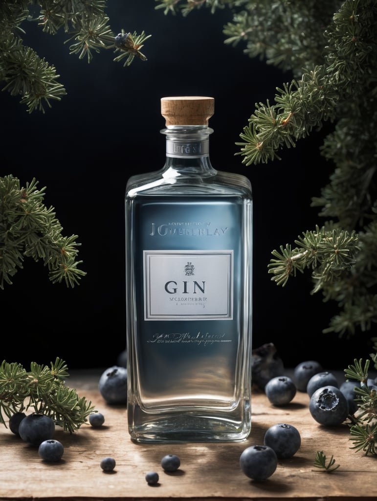 professional photography of a square gin bottle, square bottle, surrounding a juniper and juniper berries, one shot of gin in a front, no label, clear, mockup