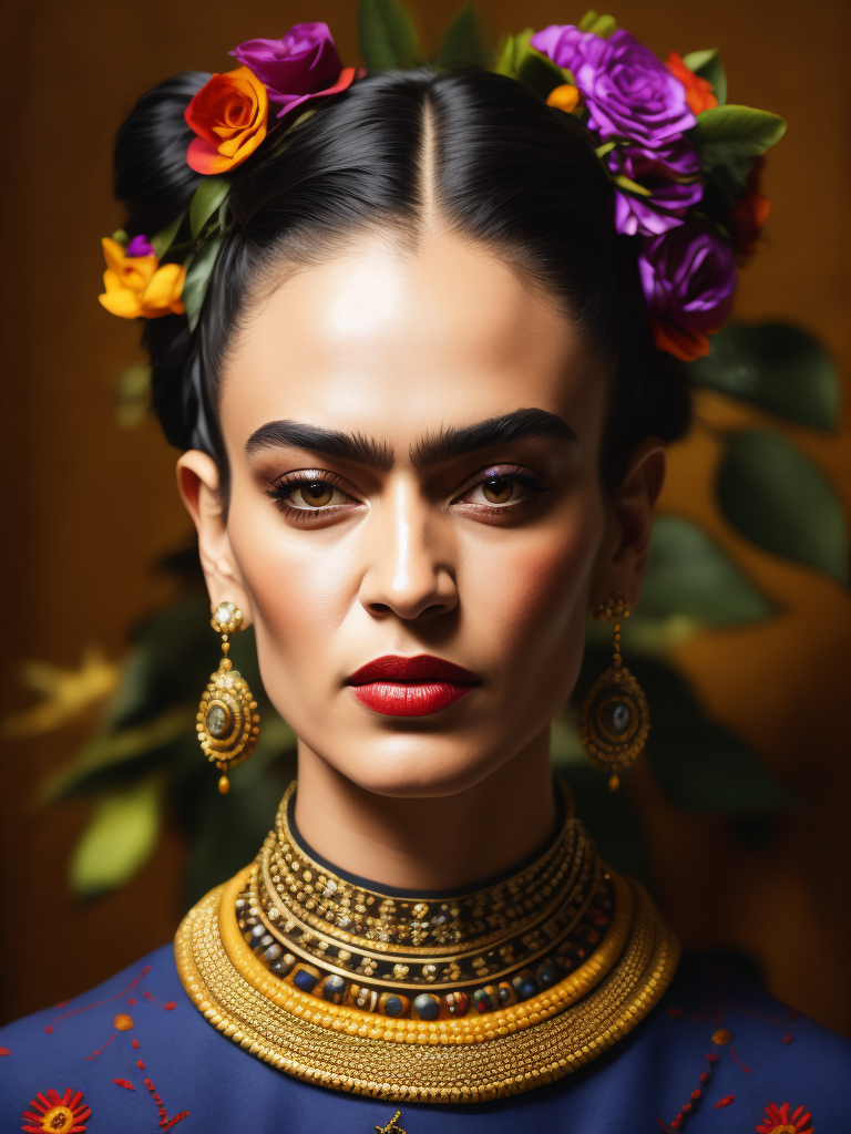 Portrait of Frida Kahlo, bright and saturated colors, elegant, highly detailed, vogue, fashion magazine, sharp focus, bright expressive makeup, dramatic lighting, depth of field, incredibly high detailed, blurred background