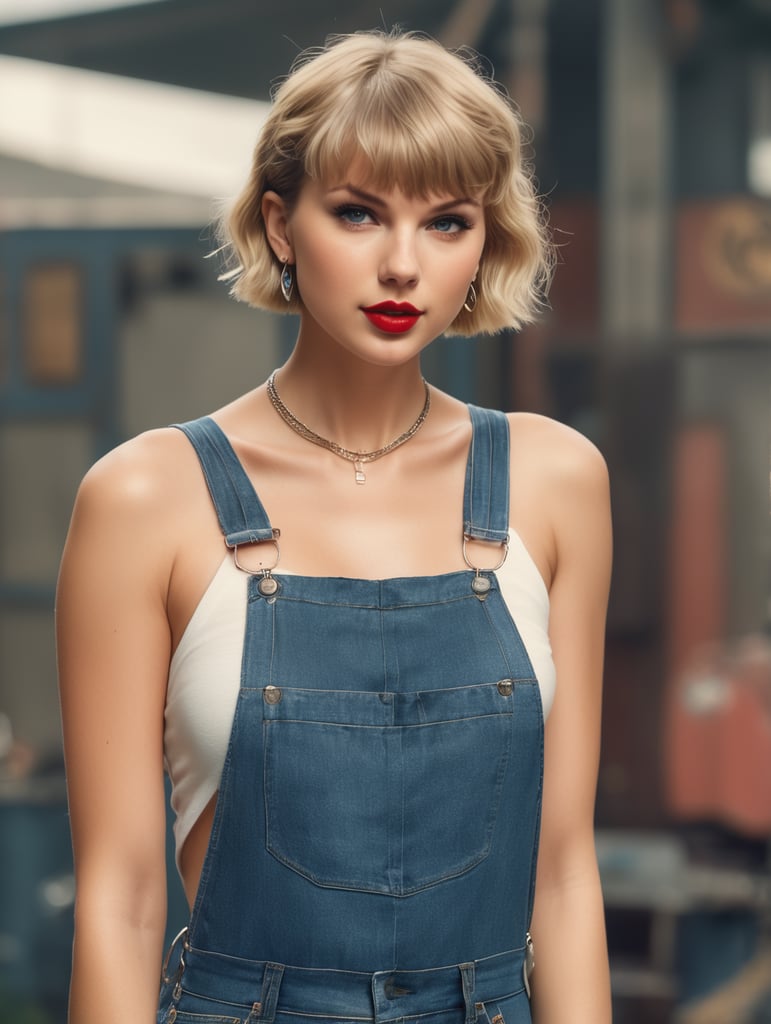 (Max, analog style) Masterpiece, Taylor Swift (extreme short blonde hair, pixie cut, bangs), chain necklace, hoop earrings, 1990s denim overalls, ((film grain, color photo, high detailed skin texture, 8k hdr, dslr))