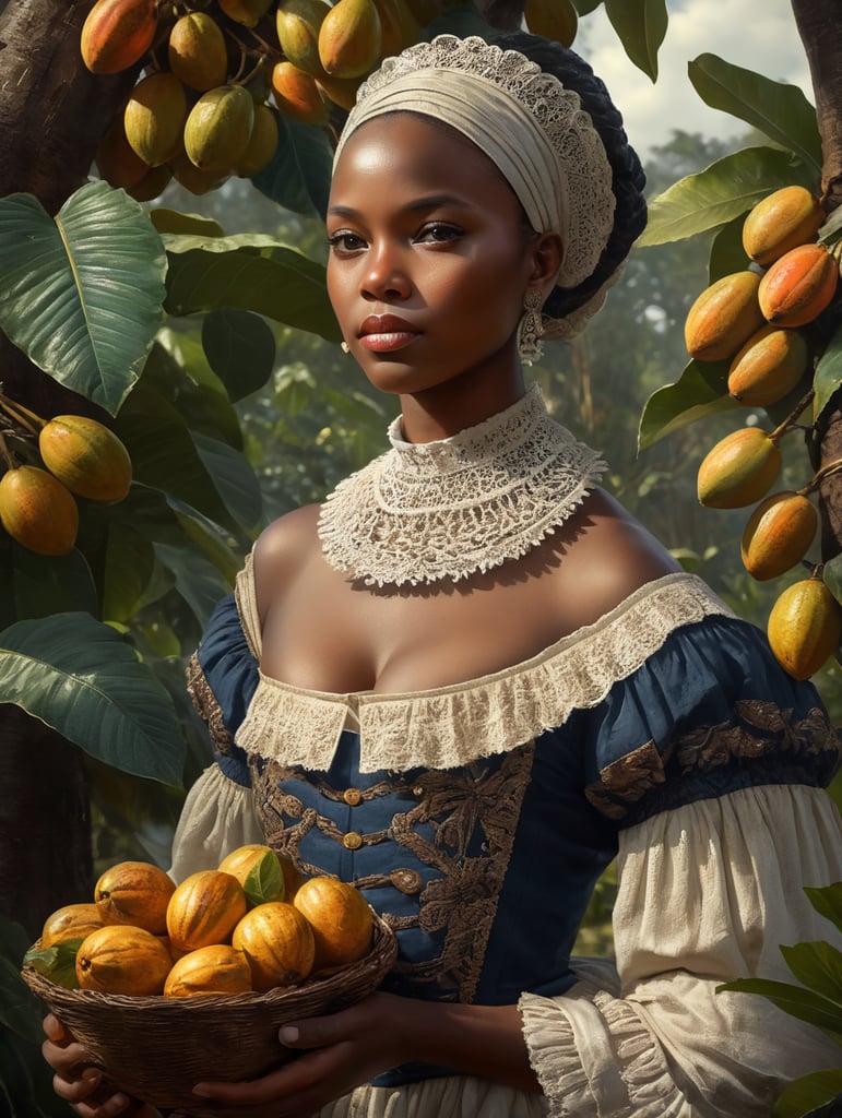 Portrait of a South African girl, in classical 18th century clothing, growing South African cocoa beans, in folk South American clothing, in dramatic lighting. Depth of field, grove of cocoa trees in the background. Incredibly high detail, holding fresh fresh cocoa fruits in hand