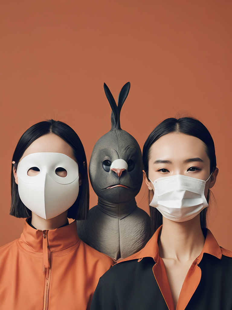an illustration of people who are standing with two masks on, in the style of ren hang, naive childlike, medicalcore, depiction of animals, alex gross, polychrome terracotta, bunnycore