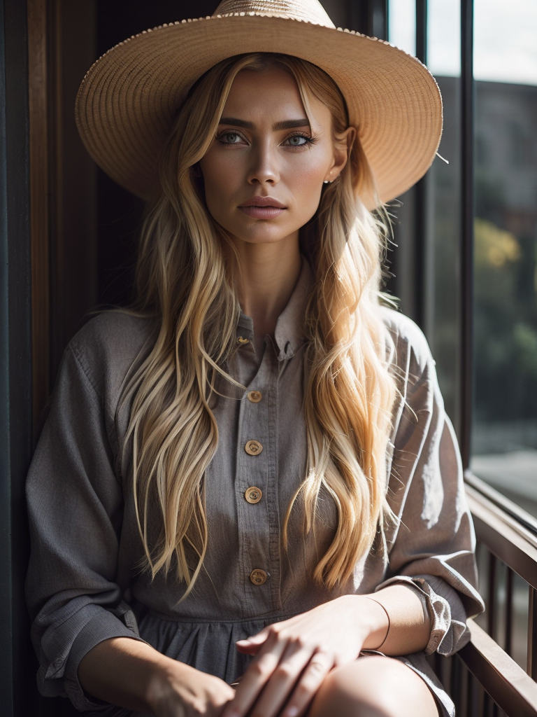 look at camera portrait of elegant woman with long blond hairstyle, sitting on the balcony, in a light summer dress in a straw hat, in the style of movie still, y2k aesthetic, light bronze and dark amber, romantic charm, blink-and-you-miss-it detail, elegantly formal