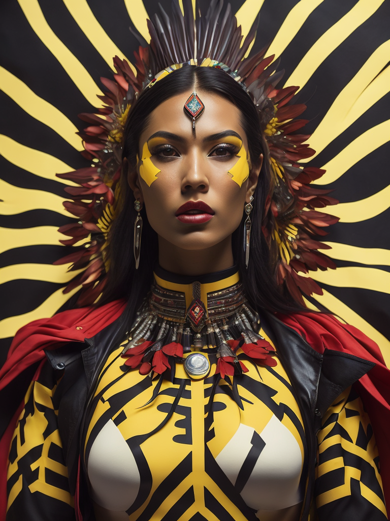 a native american woman in regalia, in the style of surreal cyberpunk iconography, red white yellow black, glamorous pin-ups, rtx on, bulbous, undefined anatomy