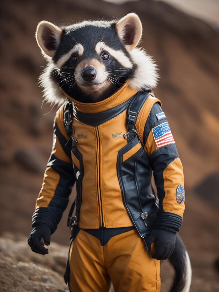 A Tasmanian devil like a Rocket Raccoon from Guardians of the Galaxy wearing astronaut costume on the Mars