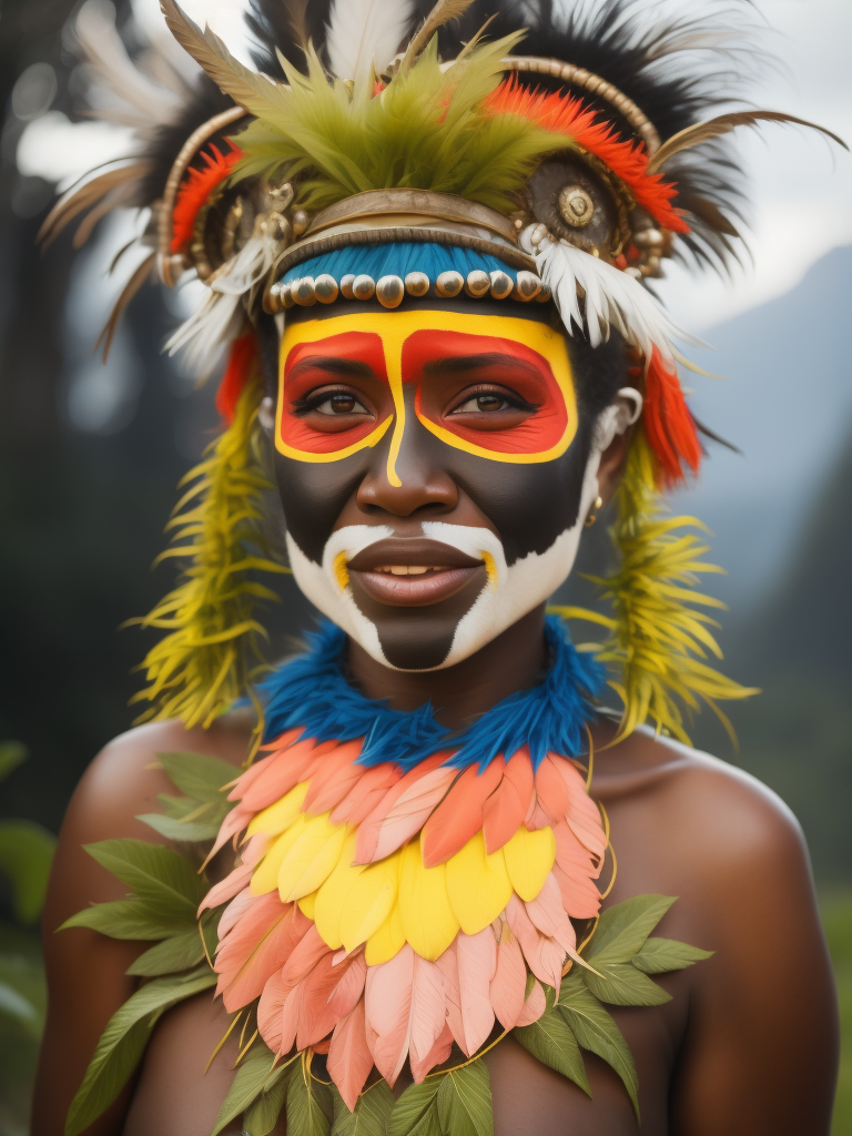 Papua New Guinea woman smiling , feather head dress, Jungle background. vibrant colours, vivid lighting, depth of field, incredibly detailed, face paint