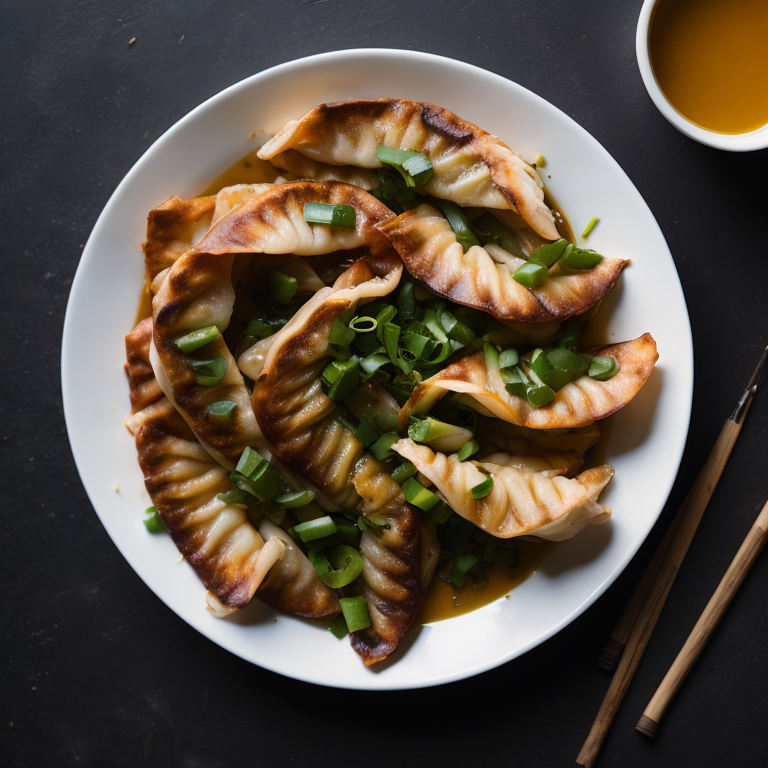 Marketing photo of delicious Asian potstickers on a plate, for use on a restaurant's website.