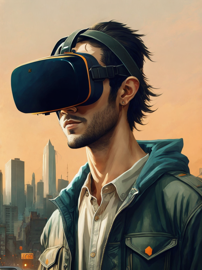 Vintage 90's anime style. a lonely men wearing a virtual reality headset walking in the street