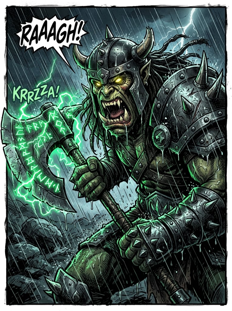 Close-up comic illustration of an enraged Orc in heavy rain. The scaly warrior with glowing yellow eyes snarls fiercely. A spiked metal gauntlet grips a runic battle-axe emitting crackling green energy, illuminating the cross-hatched scene in deep emerald shadows.