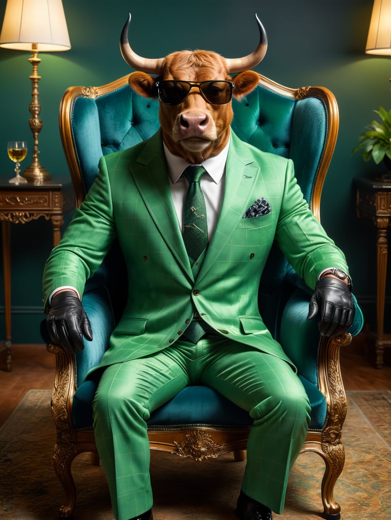 a sleek looking Bull, sitting on a tufted Blue velvet chair with, bright Green background, wearing an expensive 3 piece Green checkered suit, with very large dark sunglasses, hands in lap, full body with black shiny shoes, black leather gloves, black leather shoes, facing front, super crisp, photographic canon 80d, daylight, bold, fantastic