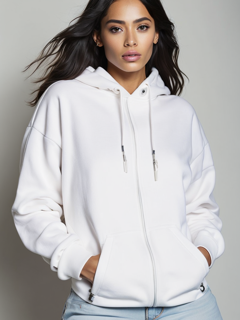 a Latina women wearing white hoodie, grey background