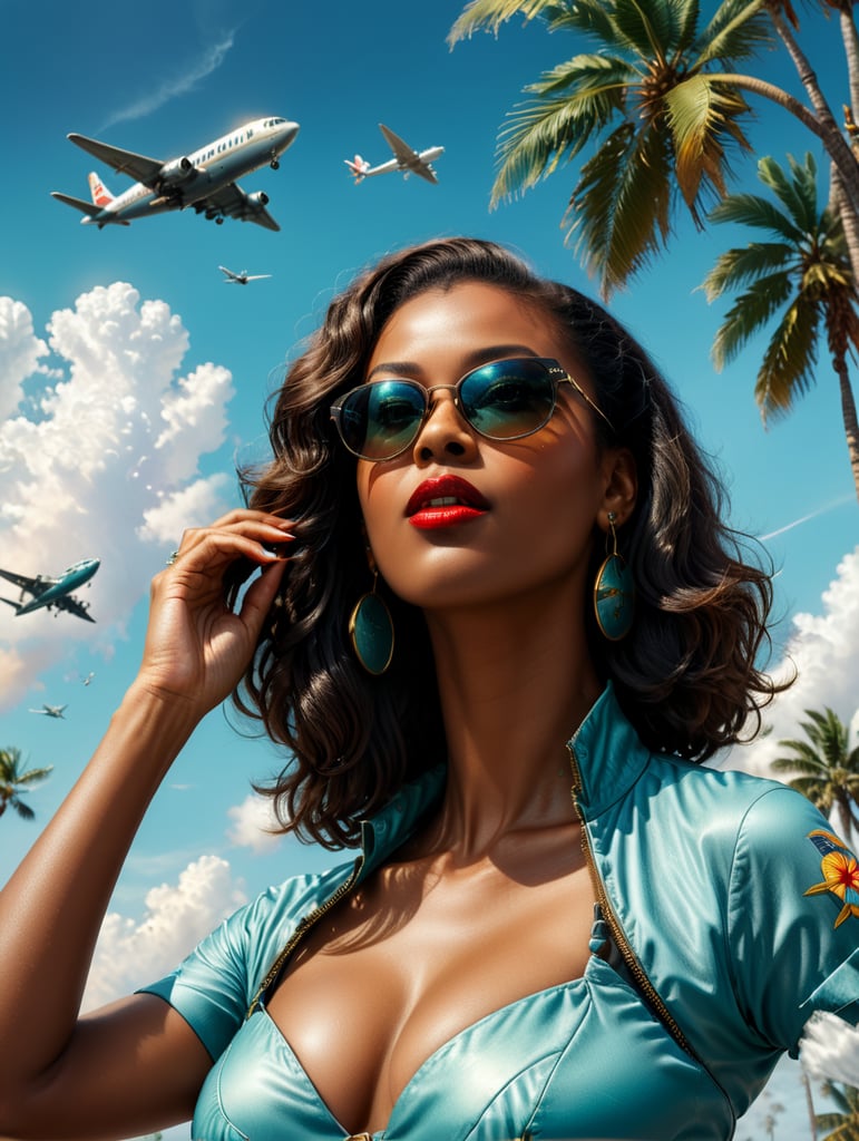 Pin up art, portrait, a black woman raised her head up, looks at the sky, sunglasses, one airplane flies in a clear sky and leaves a mark, summer, palms around, palms reflected on a sunglasses, turquoise shades, style by Gil Elvgren