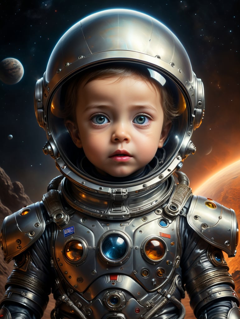 a child in a space suit with a surprised look on his face