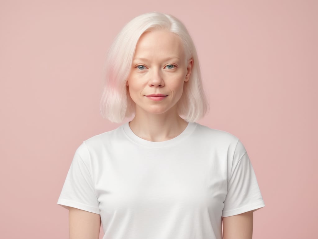 A middle-aged albino girl wearing a white T-shirt, isolated, pink background, mockup, mock up