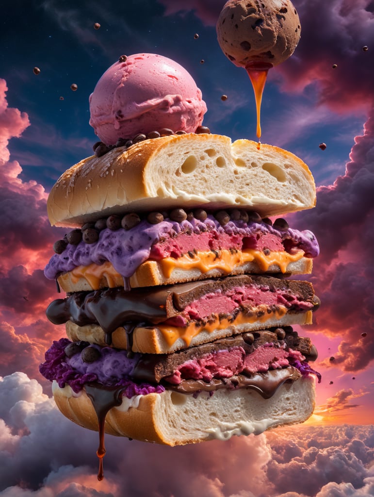 Sandwich made with melt cheese, melt chocolate, red ice cream, chocolate chips. The sandwich is flying in a magic sky with pink and violets clouds