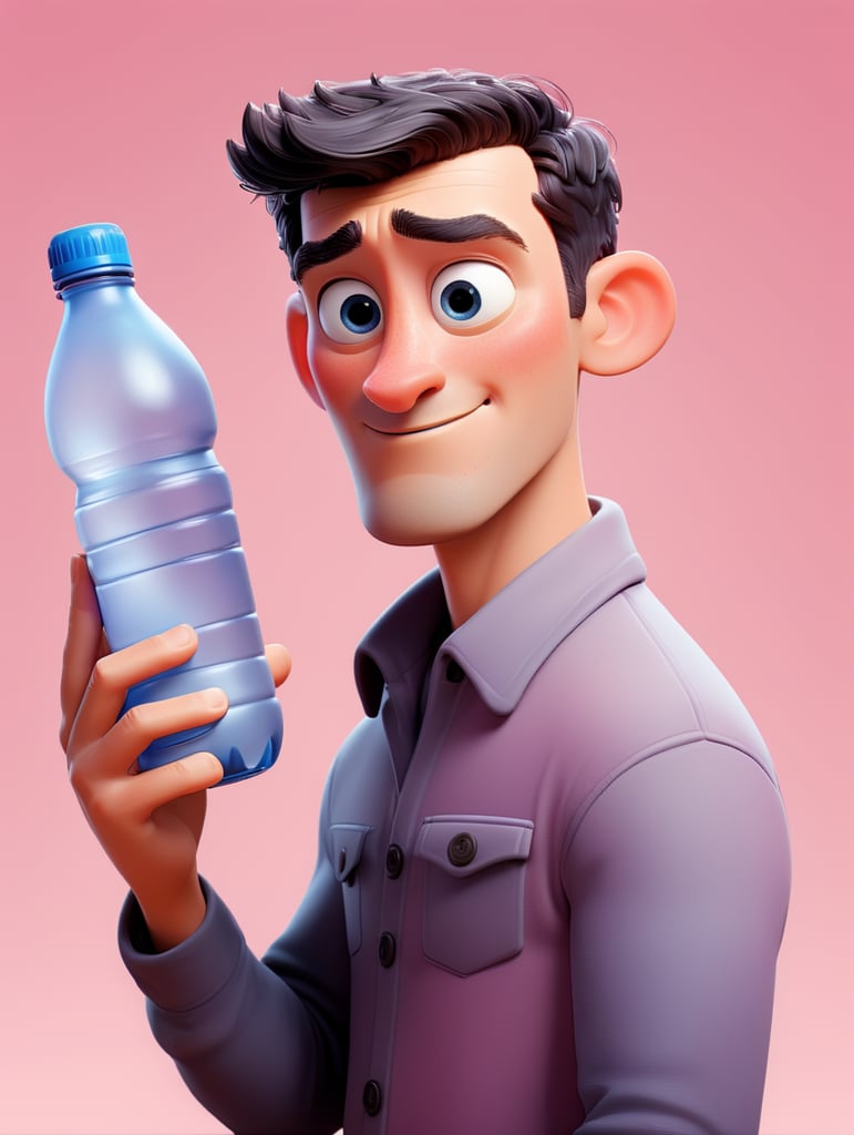 a creative designer holds in his hand a water bottle, isolated, light pink background