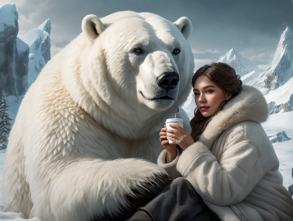 portrait of young woman sitting drinking coffee from a cup, wearing a thick white fur coat, friendly polar bear sitting right next to her with his paw resting on the young woman's shoulder, polar location, ice and snow, cold environment, highly detailed