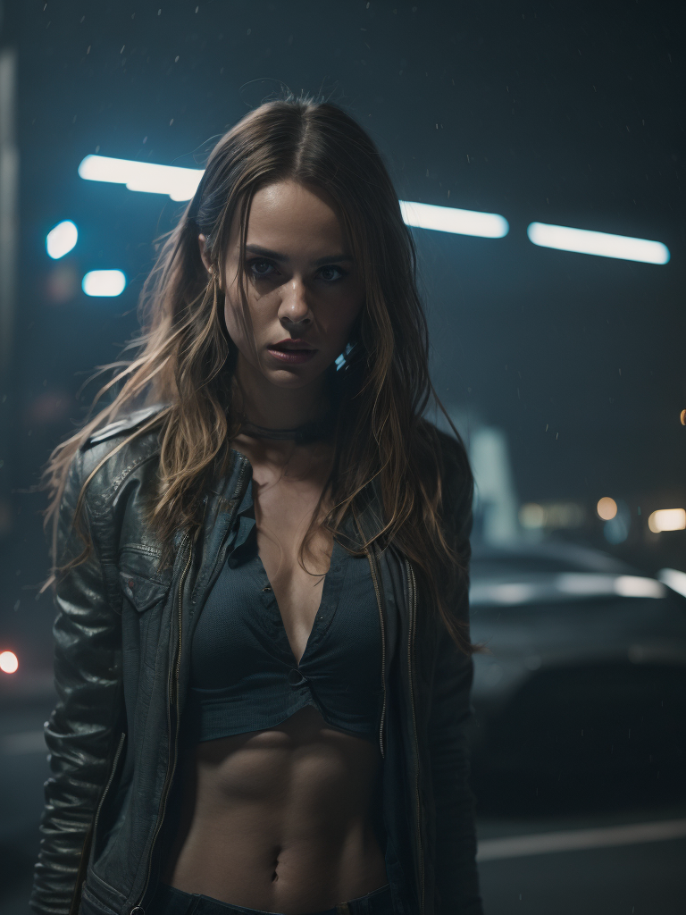 A girl on the Formula 1 race track in a bikini against the backdrop of a car, night, neon light, bright spotlights