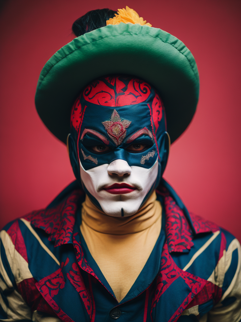 Portrait of a masked mexican wrestler, Vivid saturated colors, Contrast color, studio photo, professional photo, Rich colors, Detailed image