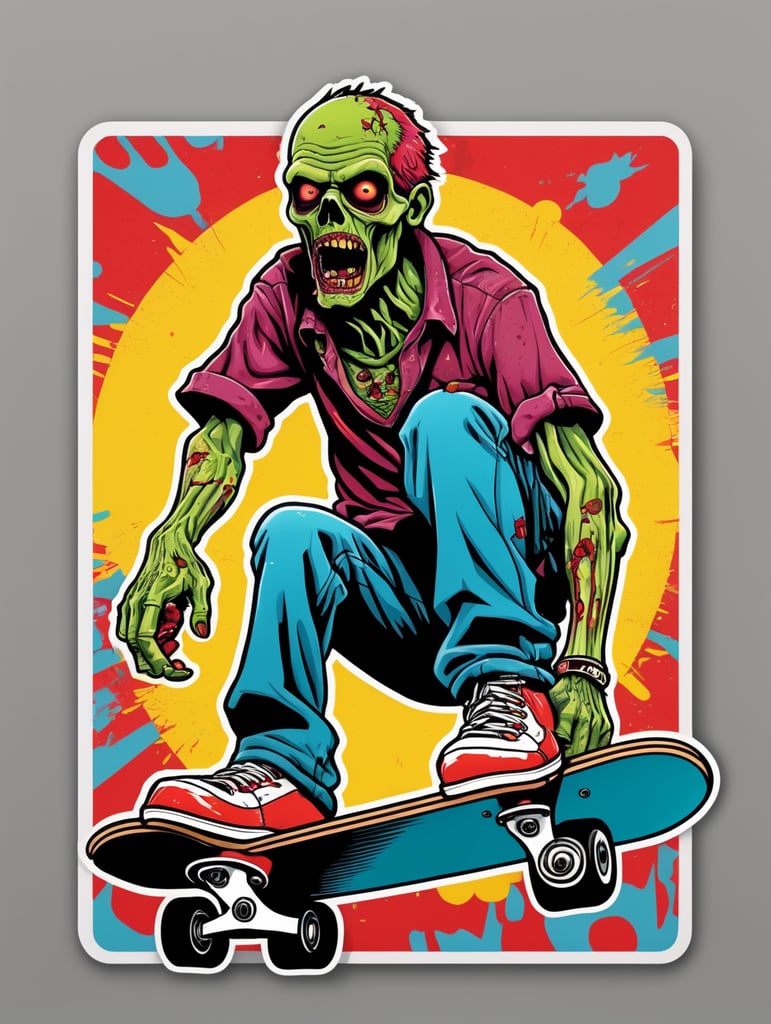 Pop art illustration, sticker, zombie skateboarding