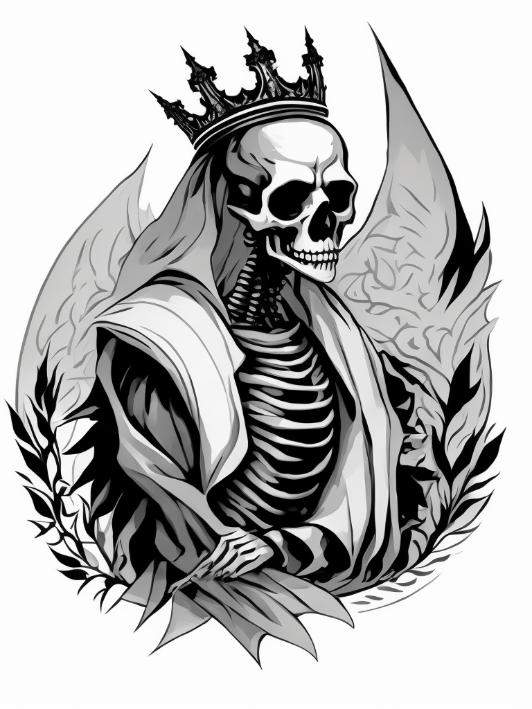 A vector art of a queen skeleton tattoo, linocut, white background, albrecht durer
