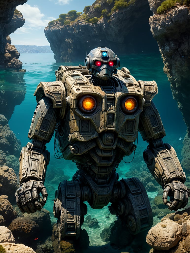 Johnny 5 aquatic robot model spec exploring greek megalithic structures under the Mediterranean sea.