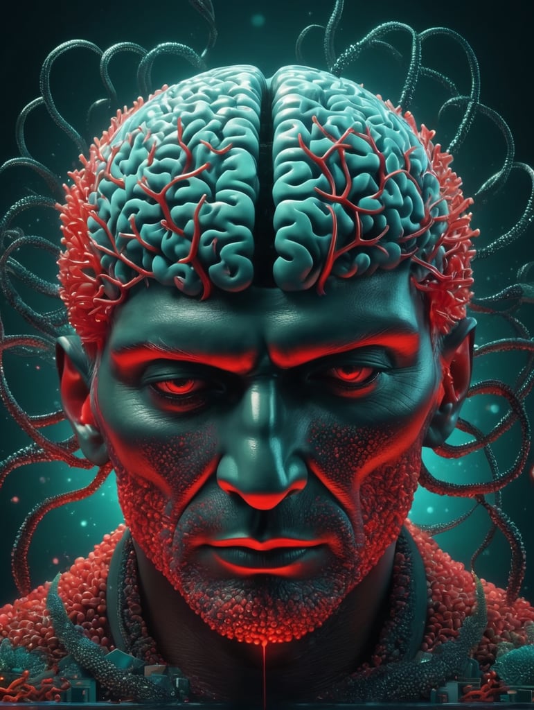the brain was created by adding dots, in the style of hyperrealistic marine life, colorful animation stills, analytical art, intensely colorful figuration, bombacore, intertwined networks, dark teal and light red