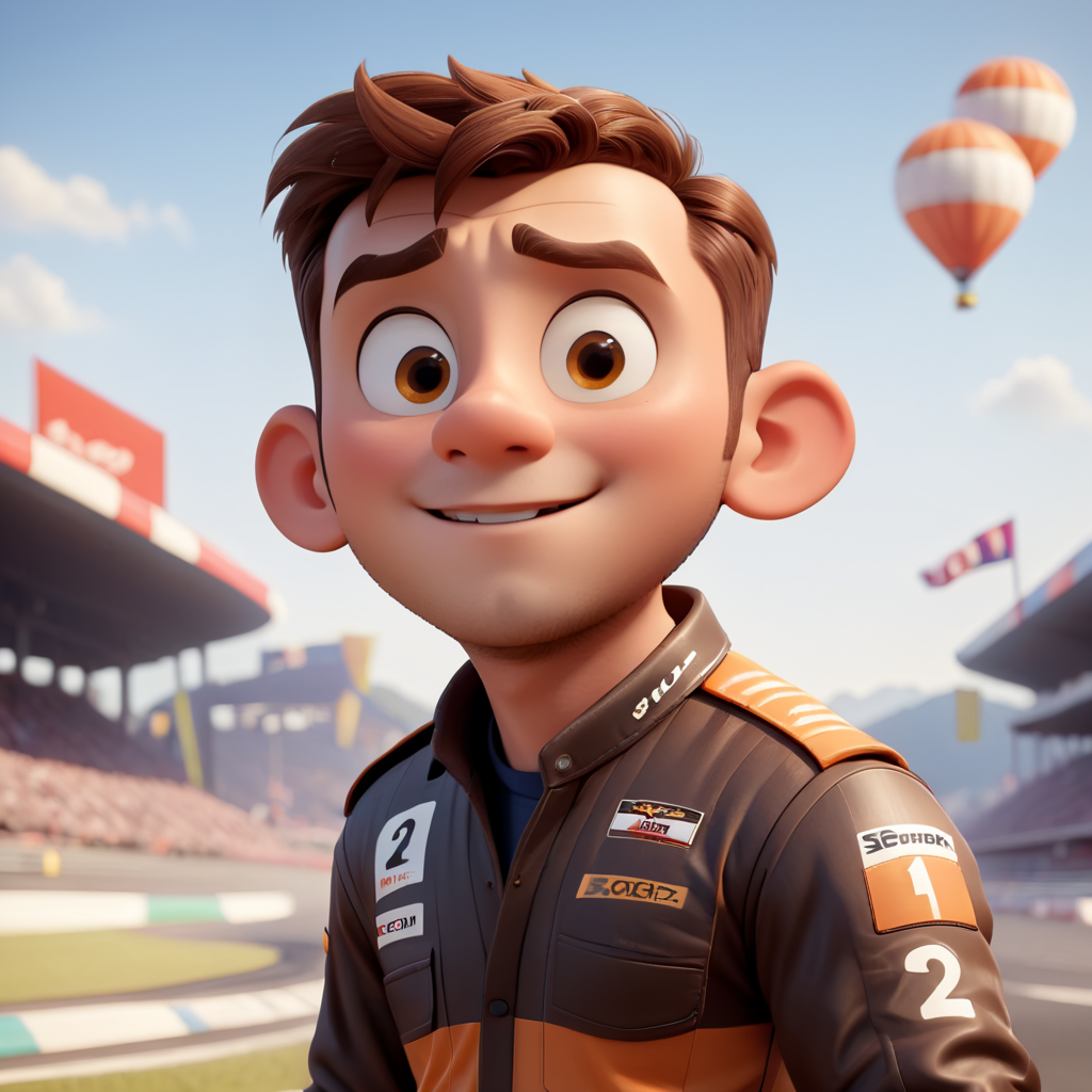 A race car pilot, brown hair, centered face