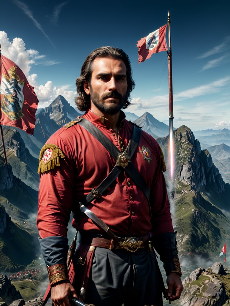 Giuseppe Garibaldi wearing red 18th century shirt, standing proud on a mountain with a flag and sword