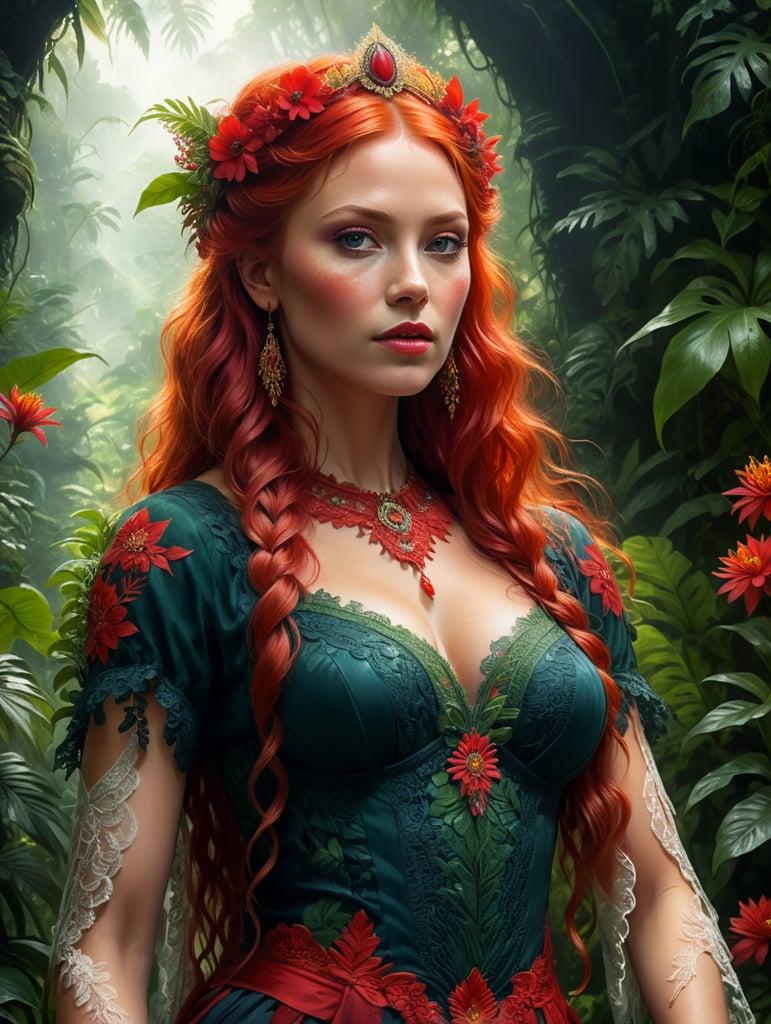 Portrait Of beautiful red haired bohemian queen wearing red colour lace surrounded by jungle Plants And Flowers art by Mike Mayhew and Mark brooks and Ross Tran 8K Resolution