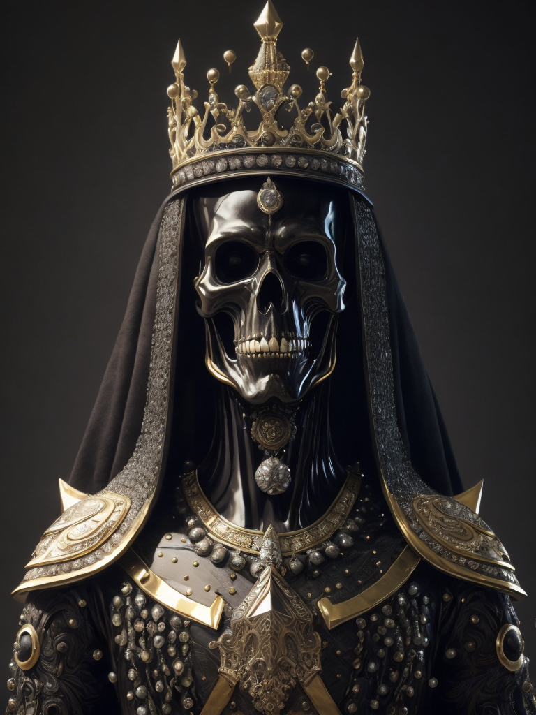 full body obsidian sculpture of the ruler of the dead and the underground, made of all black materials, reflective black obsidian bones, bejeweled armour and crown, sharp, extremely detailed, extremely intricate, volumetric lighting, photorealistic, 8k