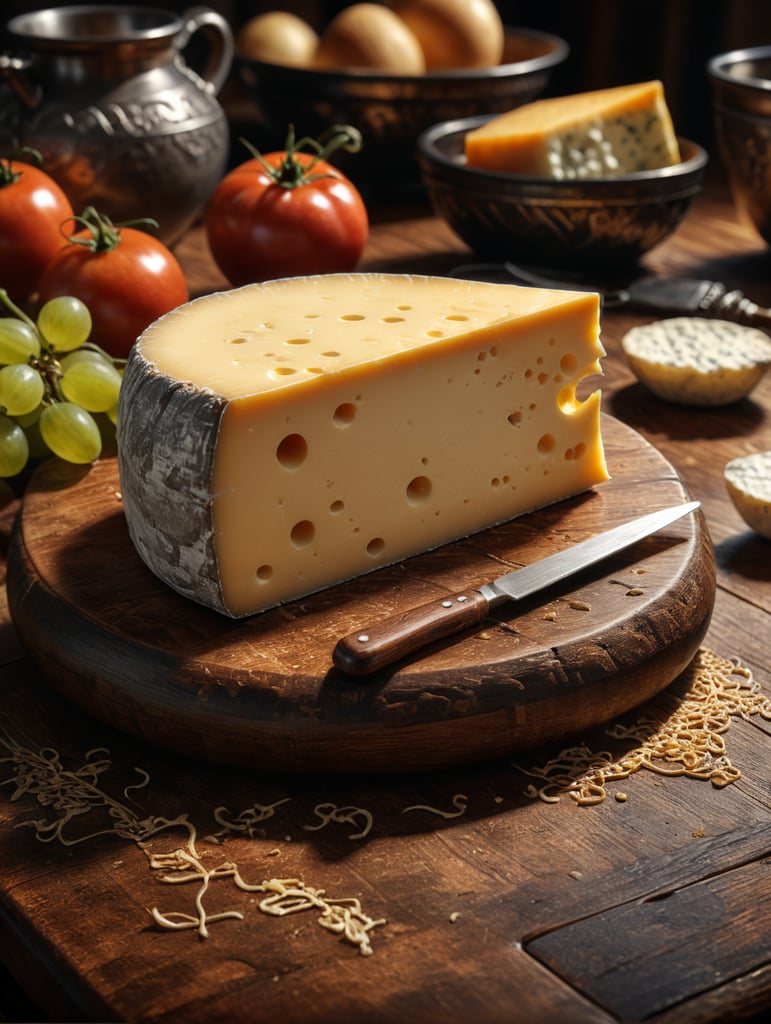 close up of a cheese on a wooden table inside of a traditional kitchen