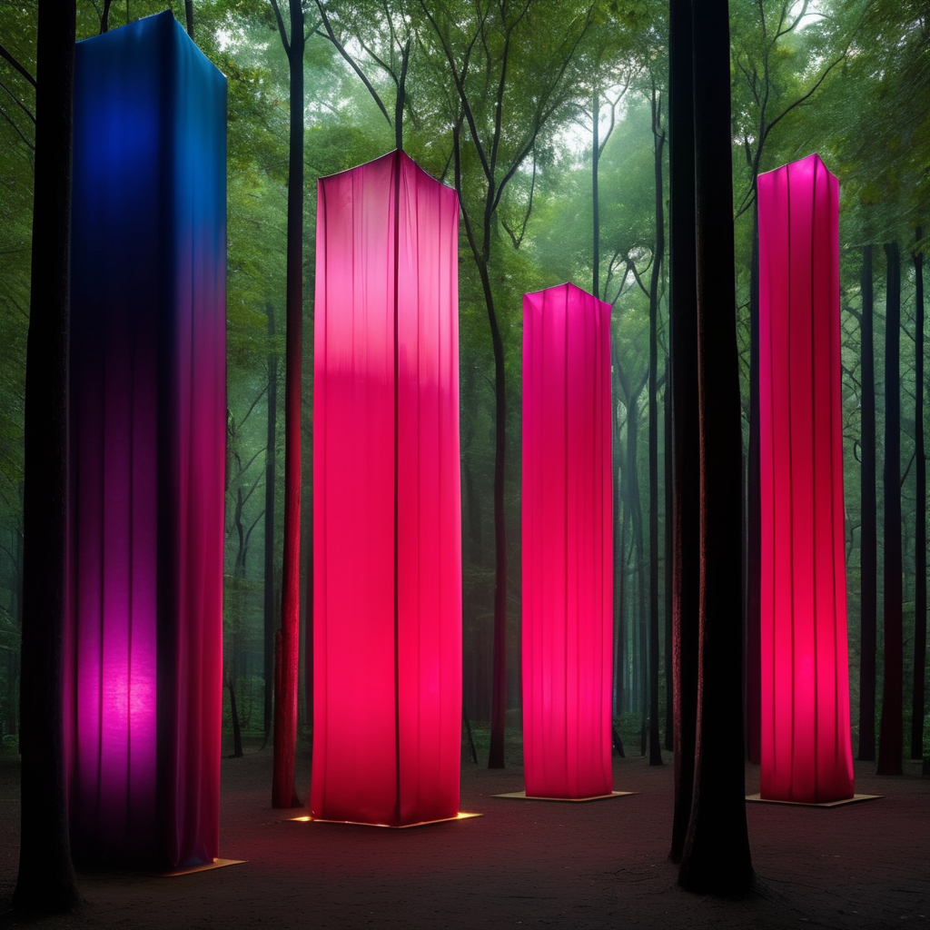Esculturas de colores vibrantes muy altas hechas de látex y con luz inspiradas en la obra arquitectónica de Luis Barragán cubiertas con tela semitransparente en medio de un bosque muy obscuro