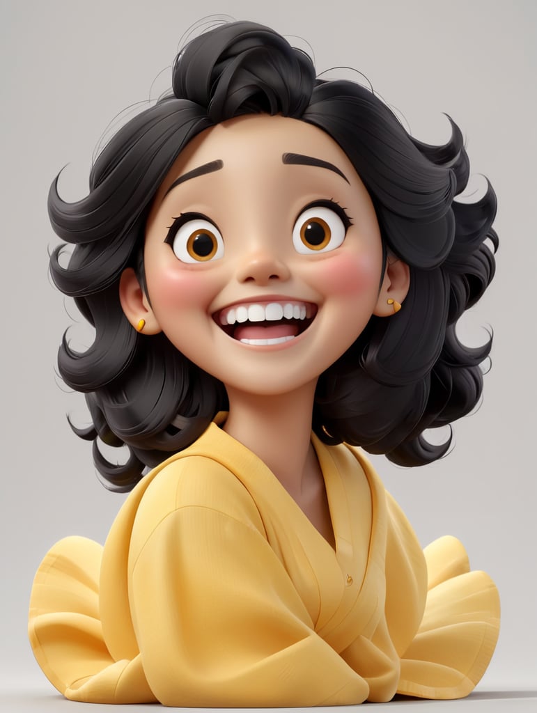 Extreme happiness, laughter emoji as a human, isolated, grey background, black hair