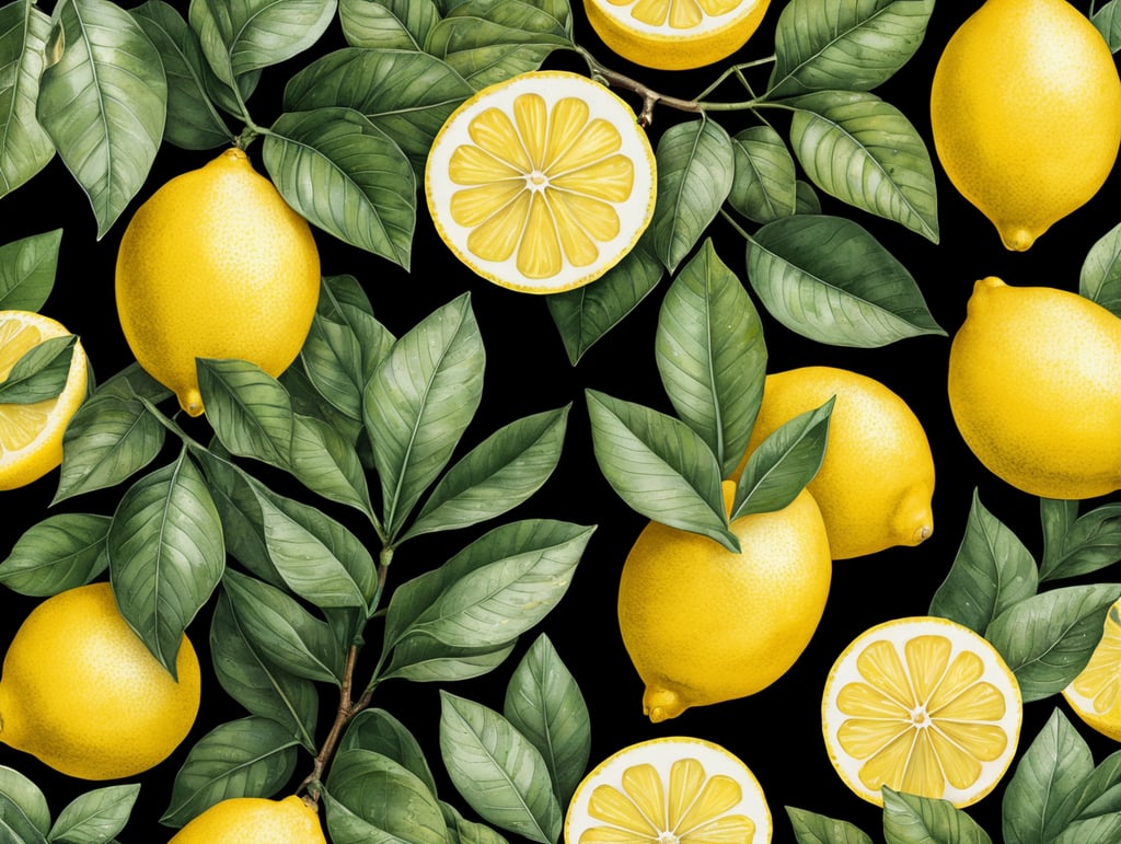 botanical art lemon print plant illustration leafy lemons nature inspired artistic flora citrus vibes fresh botanicals textured leaves vibrant prints
