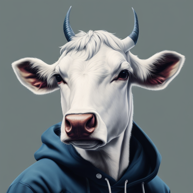white cow,portrait, blue hoodie, in glasses, vintage, photorealistic illustration, vector, flat, isolated on white background, Painting, Oil, Still Life, Botanical, Italy, Acrylic, Hip Hop, style of Pierre-Joseph Redoute